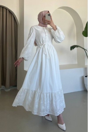 Baby Collar Half Buttoned Scalloped Dress -White