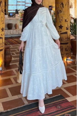 Ruffled Lace Strip Detail Dress -White