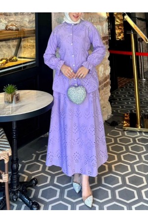 Belden Sıkmalı Omuzu Taş Detaylı Fistolu Takım  -Lila