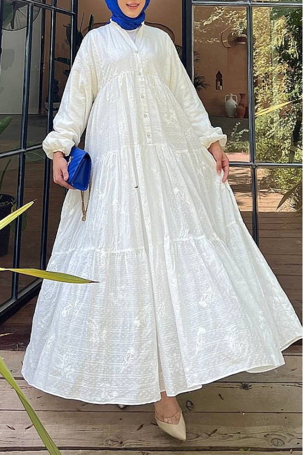 Button Detailed Dress -White