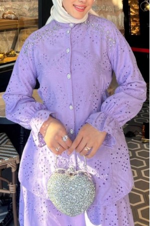 Belden Sıkmalı Omuzu Taş Detaylı Fistolu Takım  -Lila