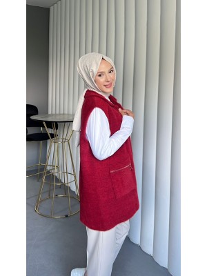 Önü Fermuarlı Torba Cepli Sakallı Yelek -Kırmızı