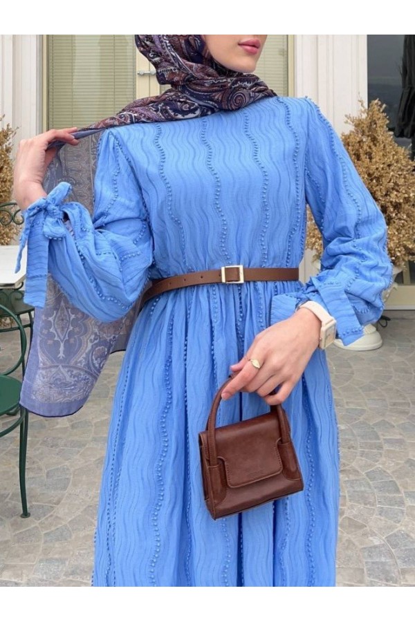Elastic Waist Lace-Up Cuff Dress -Blue