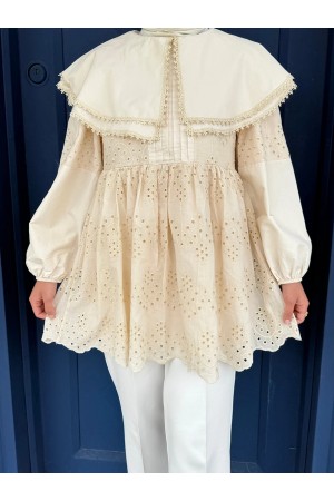 Önlük Yakalı Kolu Lastikli Fistolu Tunik -Bej