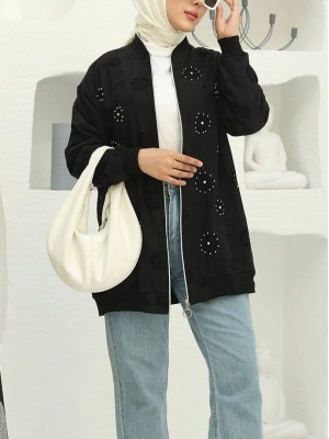 Fermuarlı Astarlı Taş Ve Boncuklu Tunik -Siyah