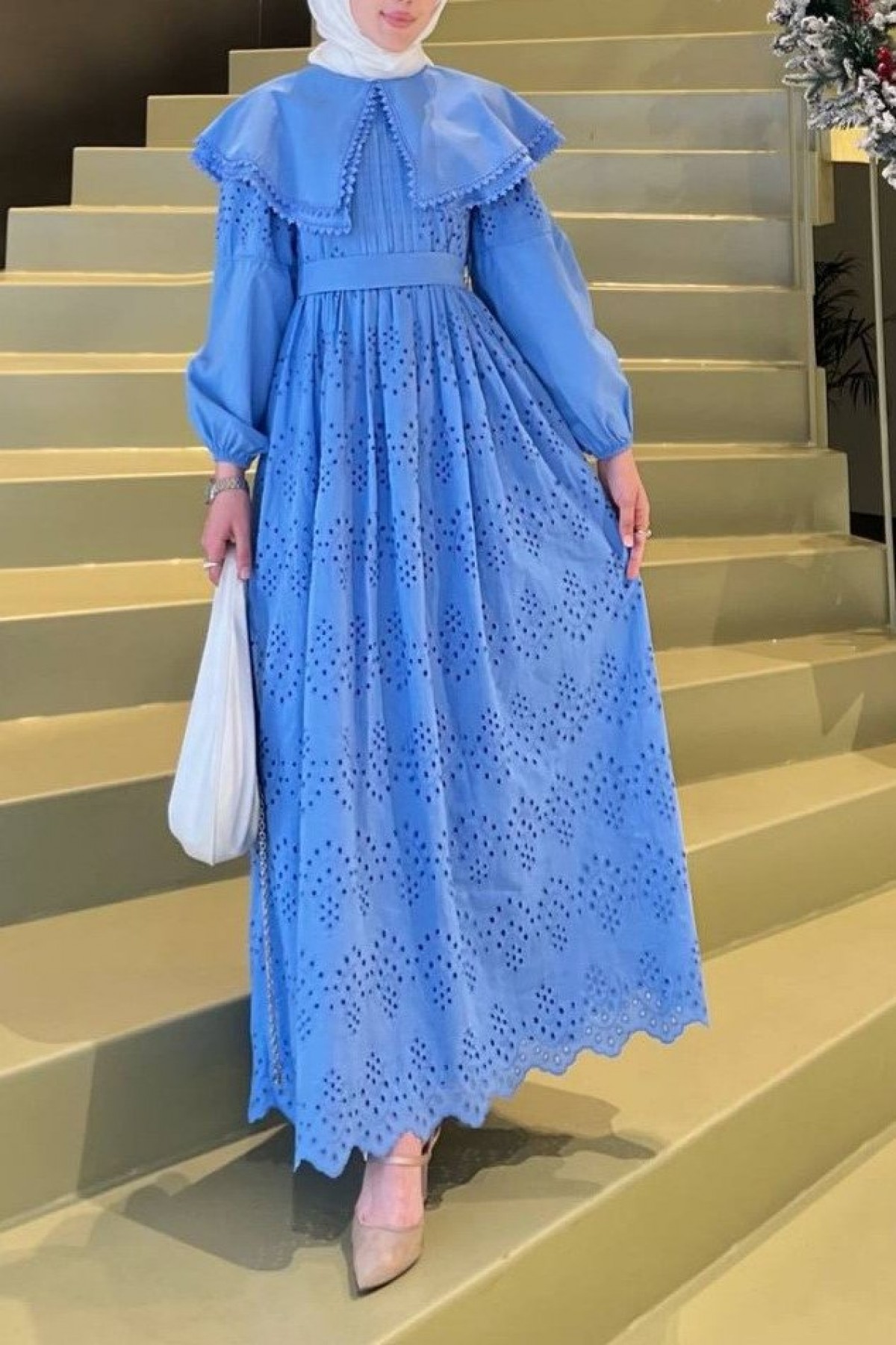 Cape Collar Lace Detail Dress -Blue