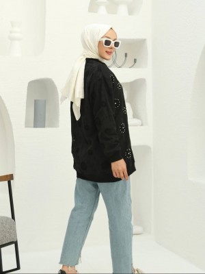 Fermuarlı Astarlı Taş Ve Boncuklu Tunik -Siyah
