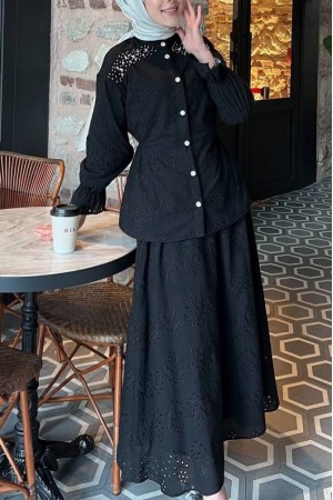 Belden Sıkmalı Omuzu Taş Detaylı Fistolu Takım  -Siyah