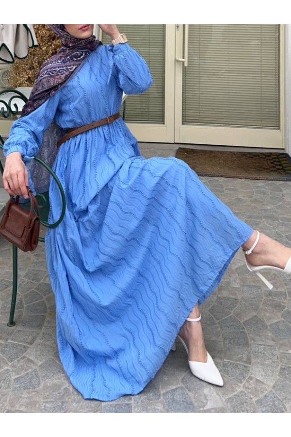 Elastic Waist Lace-Up Cuff Dress -Blue