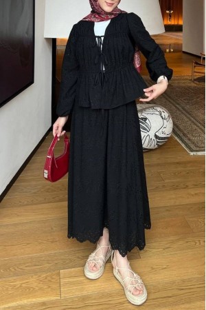 Kolu Lastikli Önü Bağlamalı Astarlı Kimono Takım  -Siyah