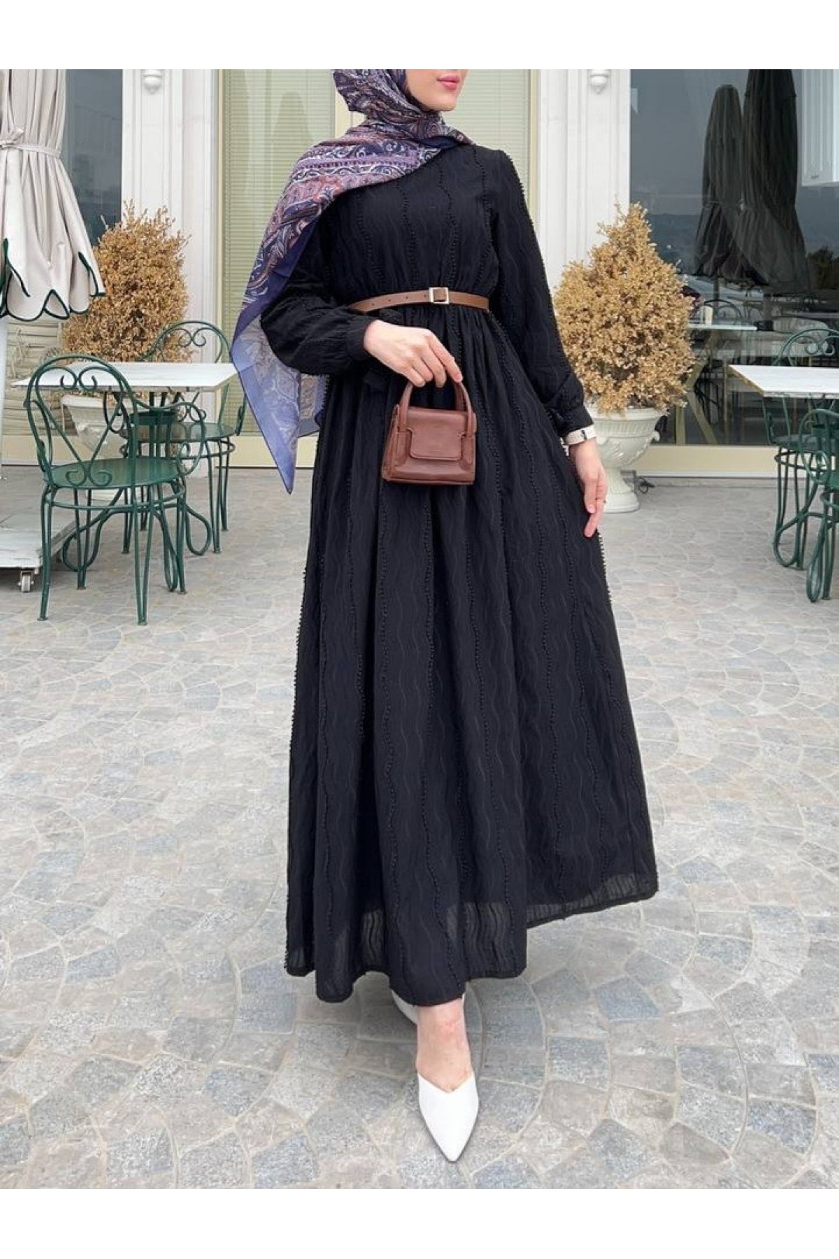 Belden lastikli Maşeti Bağcıklı Elbise (Kemersiz) -Siyah
