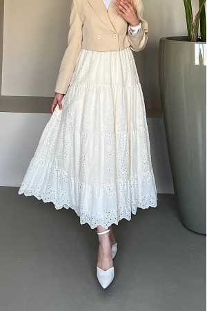 Fisto İşlemeli Katlamalı Etek -Beyaz