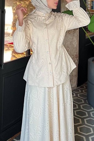 Belden Sıkmalı Omuzu Taş Detaylı Fistolu Takım  -Bej