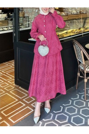 Belden Sıkmalı Omuzu Taş Detaylı Fistolu Takım  -Fuşya