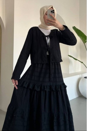 Önü Bağlamalı Fistolu Etekli Takım -Siyah