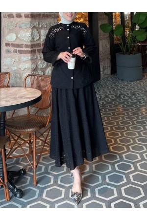 Belden Sıkmalı Omuzu Taş Detaylı Fistolu Takım  -Siyah