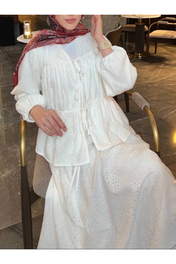Kolu Lastikli Önü Bağlamalı Astarlı Kimono Takım  -Beyaz