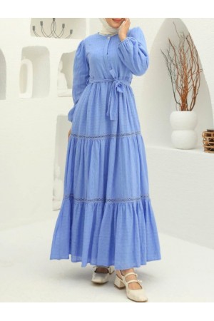 Eteği fırfırlı Dantel Şerit Detaylı Elbise -Mavi