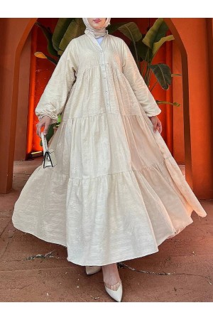 Parçalı Düğme Detaylı Elbise -Bej