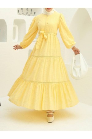 Eteği fırfırlı Dantel Şerit Detaylı Elbise -Sarı