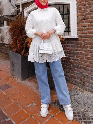 Fırfır Ve Fisto Detaylı İnci Düğmeli Gömlek -Beyaz