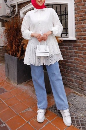 Pearl Button Shirt with Ruffle and Scallop Detail -White