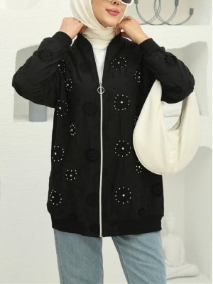 Fermuarlı Astarlı Taş Ve Boncuklu Tunik -Siyah