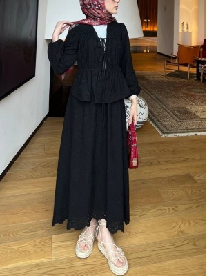 Elastic Sleeves, Front Tie, Lined Kimono Set -Black