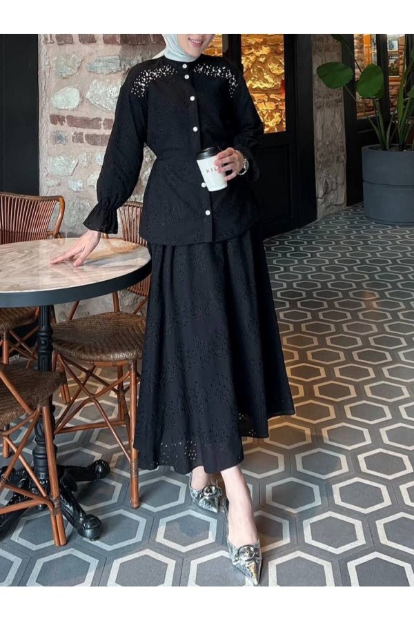 Waist Tight Shoulder Stone Detailed Scalloped Suit  -Black