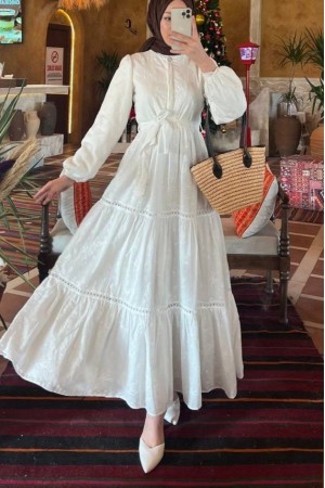 Ruffled Lace Strip Detail Dress - Beige