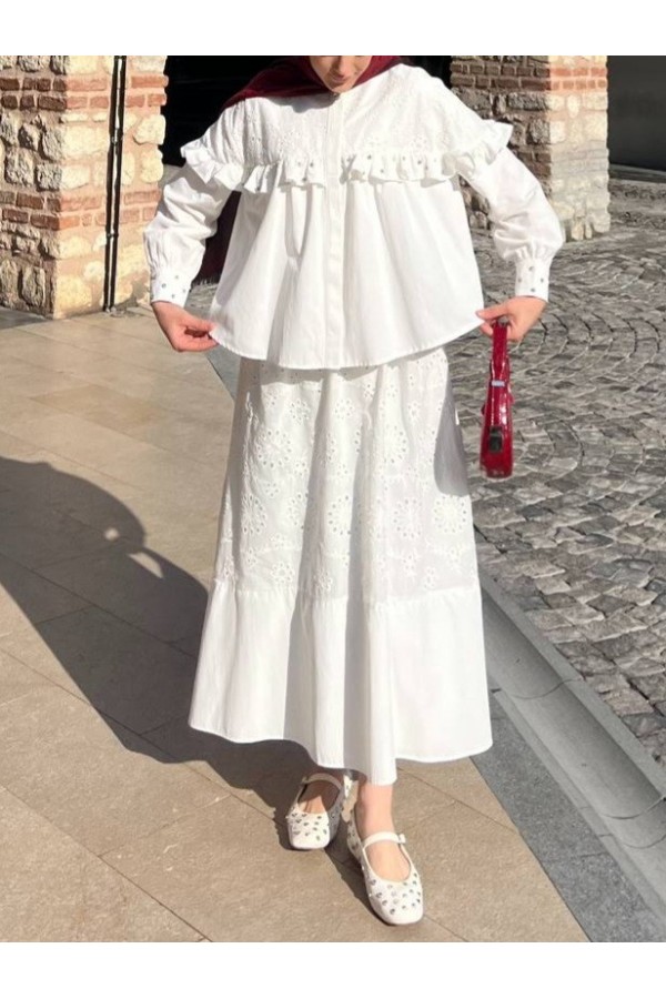 Single Button Front Ruffle Stone Skirted Suit -White
