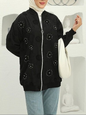 Fermuarlı Astarlı Taş Ve Boncuklu Tunik -Siyah