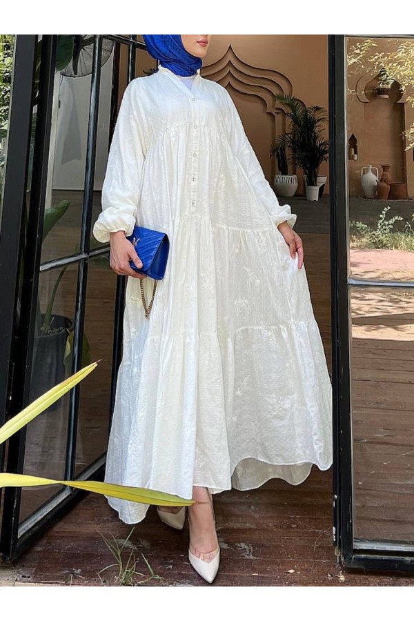 Button Detailed Dress -White