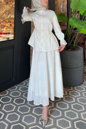 Belden Sıkmalı Omuzu Taş Detaylı Fistolu Takım -Beyaz