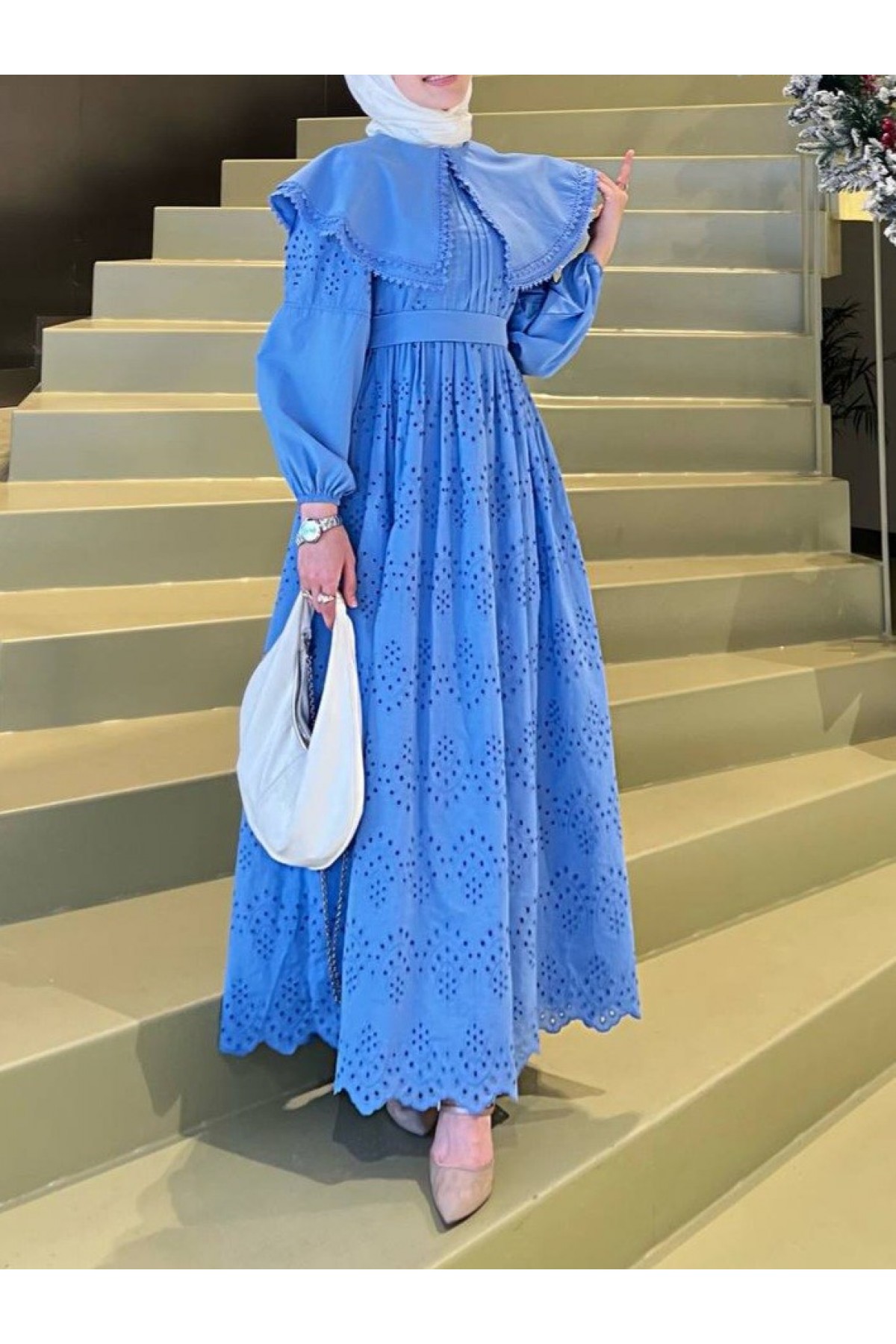 Cape Collar Lace Detail Dress -Blue
