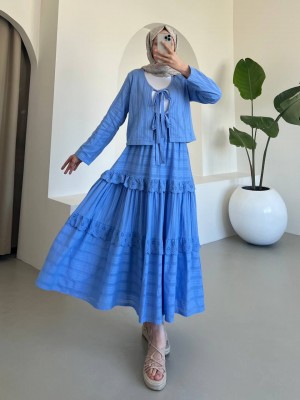 Önü Bağlamalı Fistolu Etekli Takım -Mavi