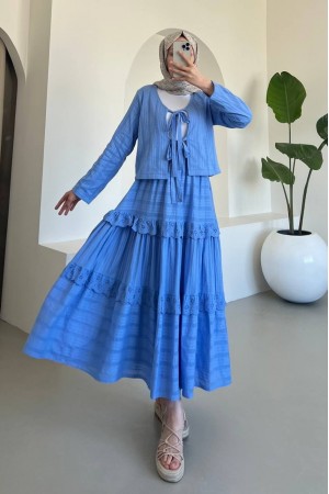 Önü Bağlamalı Fistolu Etekli Takım -Mavi