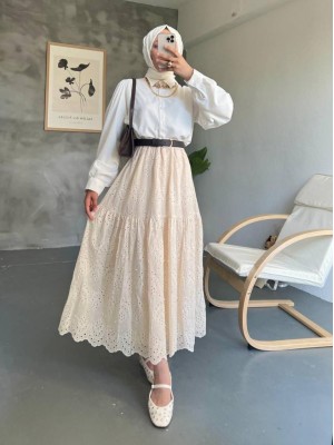 Parçalı İnci Detaylı Beli Lastikli Etek -Bej