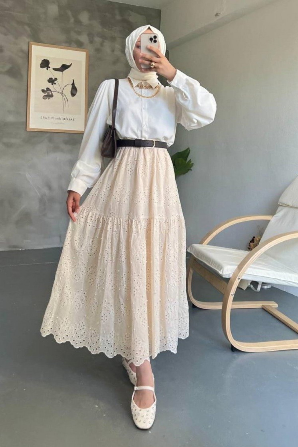 Elastic Waist Skirt with Pieced Pearl Detail - Beige