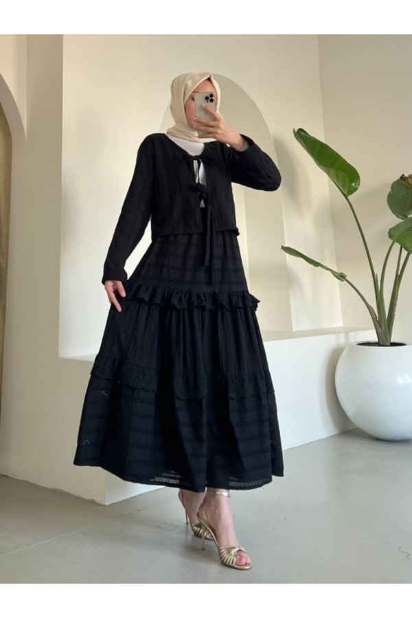 Front Tied Scallop Skirted Suit -Black
