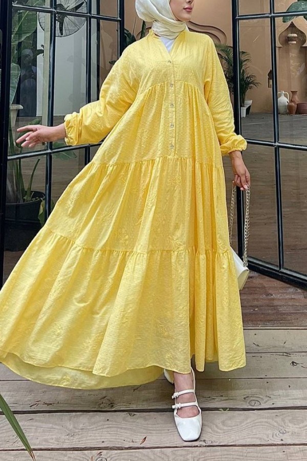 Button Detailed Dress -Yellow