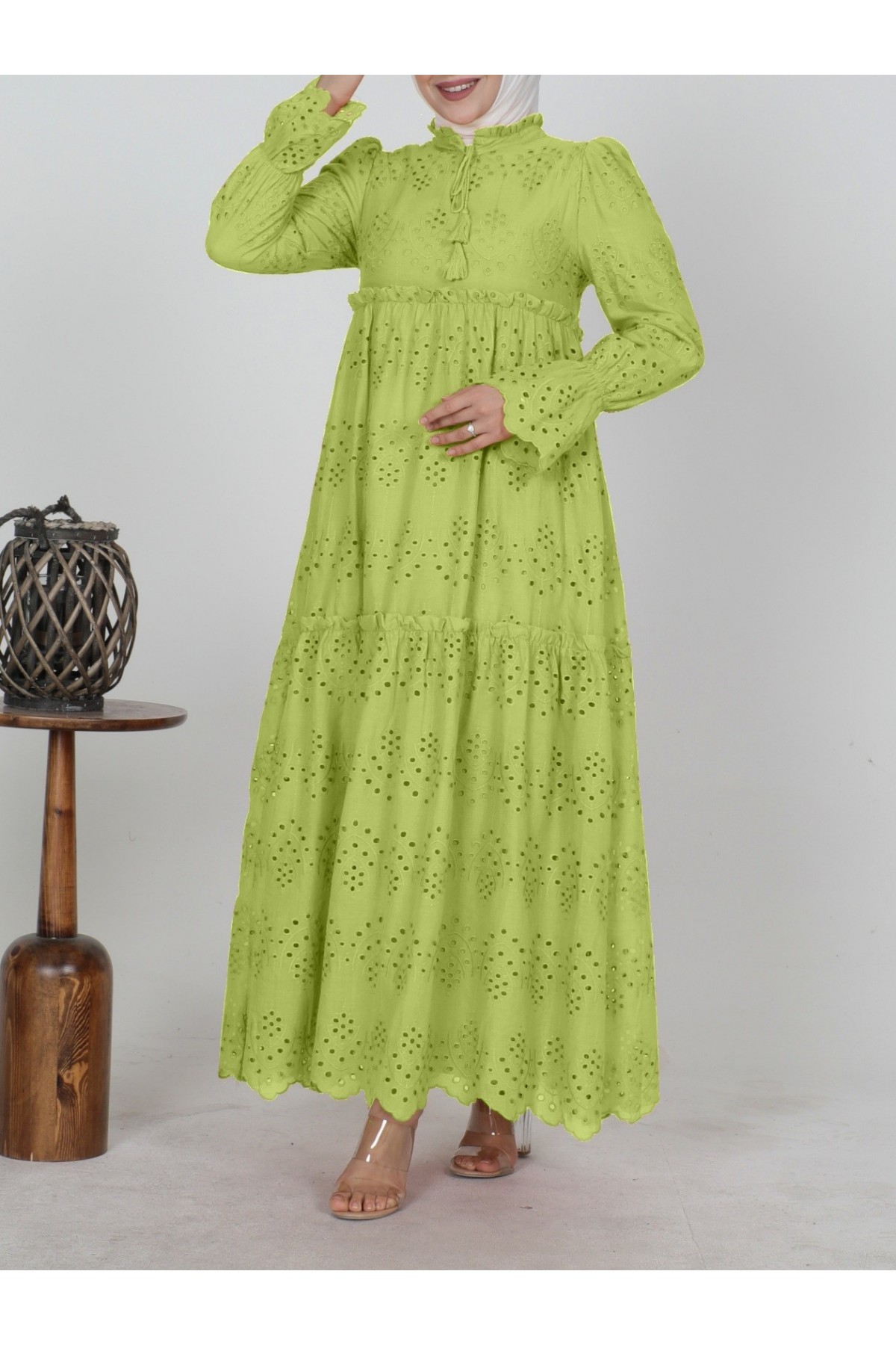 Lace Detailed Lined Layered Openwork Dress -Apple Green