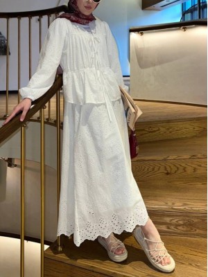 Kolu Lastikli Önü Bağlamalı Astarlı Kimono Takım  -Beyaz