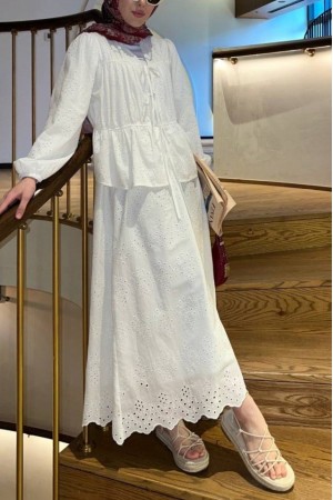 Kolu Lastikli Önü Bağlamalı Astarlı Kimono Takım  -Beyaz