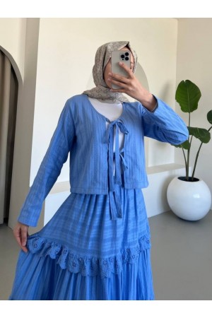 Front Tied Scallop Skirted Suit -Blue