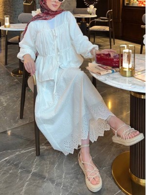 Kolu Lastikli Önü Bağlamalı Astarlı Kimono Takım  -Beyaz