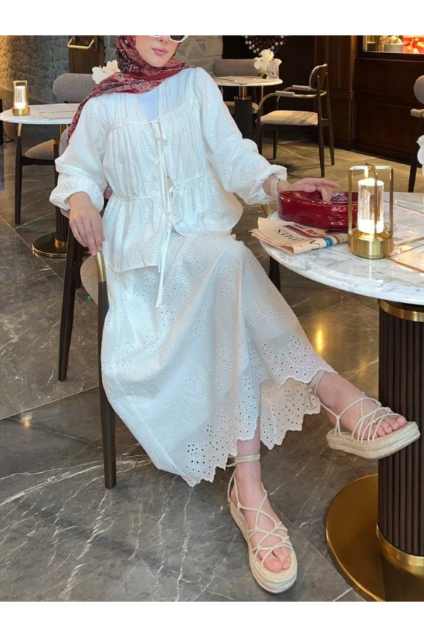 Kolu Lastikli Önü Bağlamalı Astarlı Kimono Takım  -Beyaz