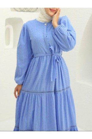 Eteği fırfırlı Dantel Şerit Detaylı Elbise -Mavi