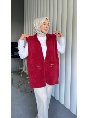 Önü Fermuarlı Torba Cepli Sakallı Yelek -Kırmızı