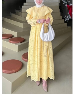 Pelerin Yaka Dantel Detaylı Elbise  -Sarı